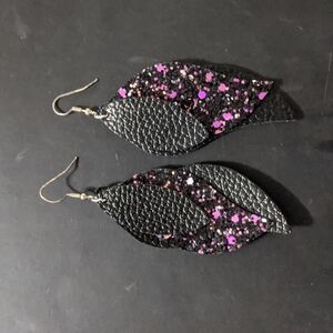 Black and Pink Glitter Leather Feather Wing Statement Earrings
